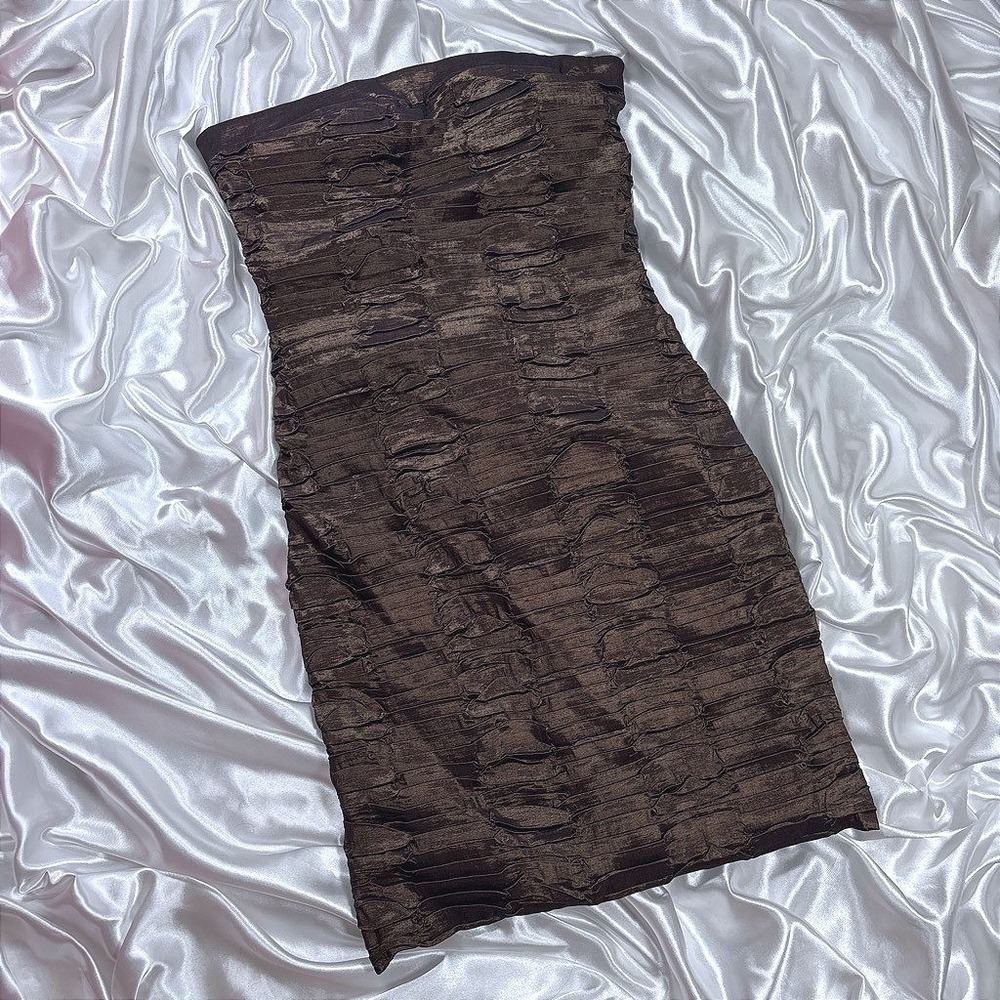y2k textured Strapless Mini Dress Brown Pleated Bodycon Tube Dress